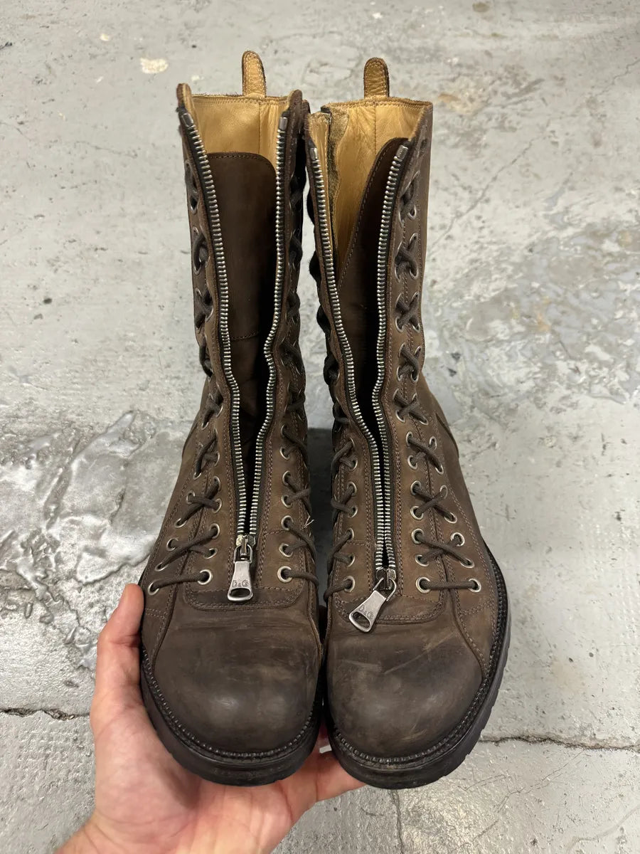 2000s Dolce & Gabbana Laced Multi Zips Eyelet Brown Ankle Boots GdtMcZh 8