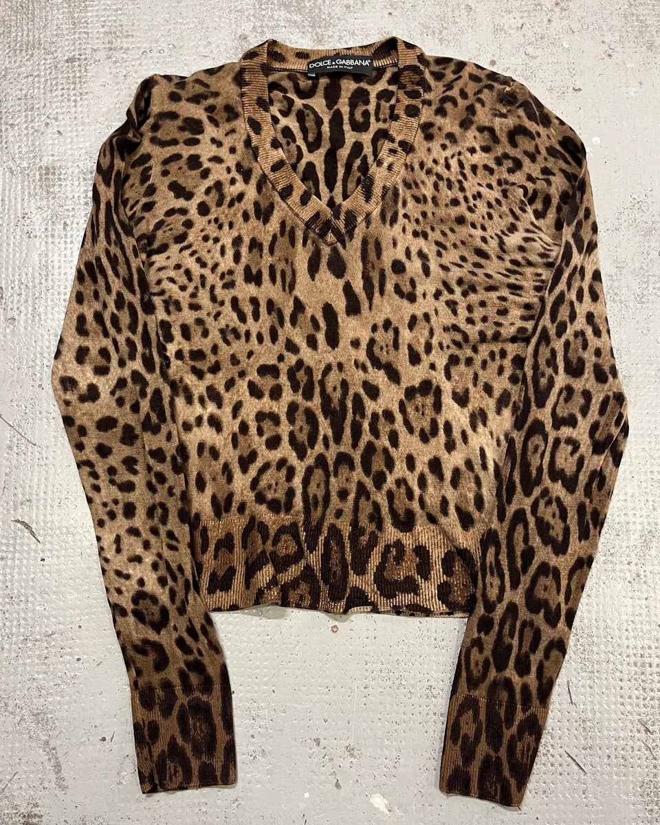 2000s Dolce & Gabbana Brown V-Neck Leopard Sweater lVomiAA 0