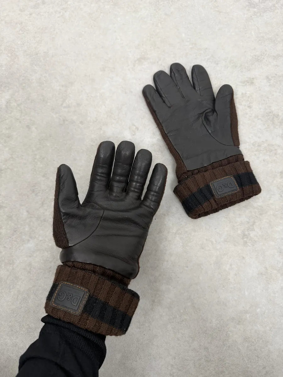 2000s Dolce & Gabbana Brown Wool & Black Leather Gloves tbHVYCl 0