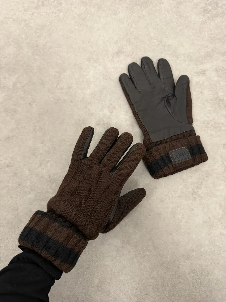 2000s Dolce & Gabbana Brown Wool & Black Leather Gloves tbHVYCl 1