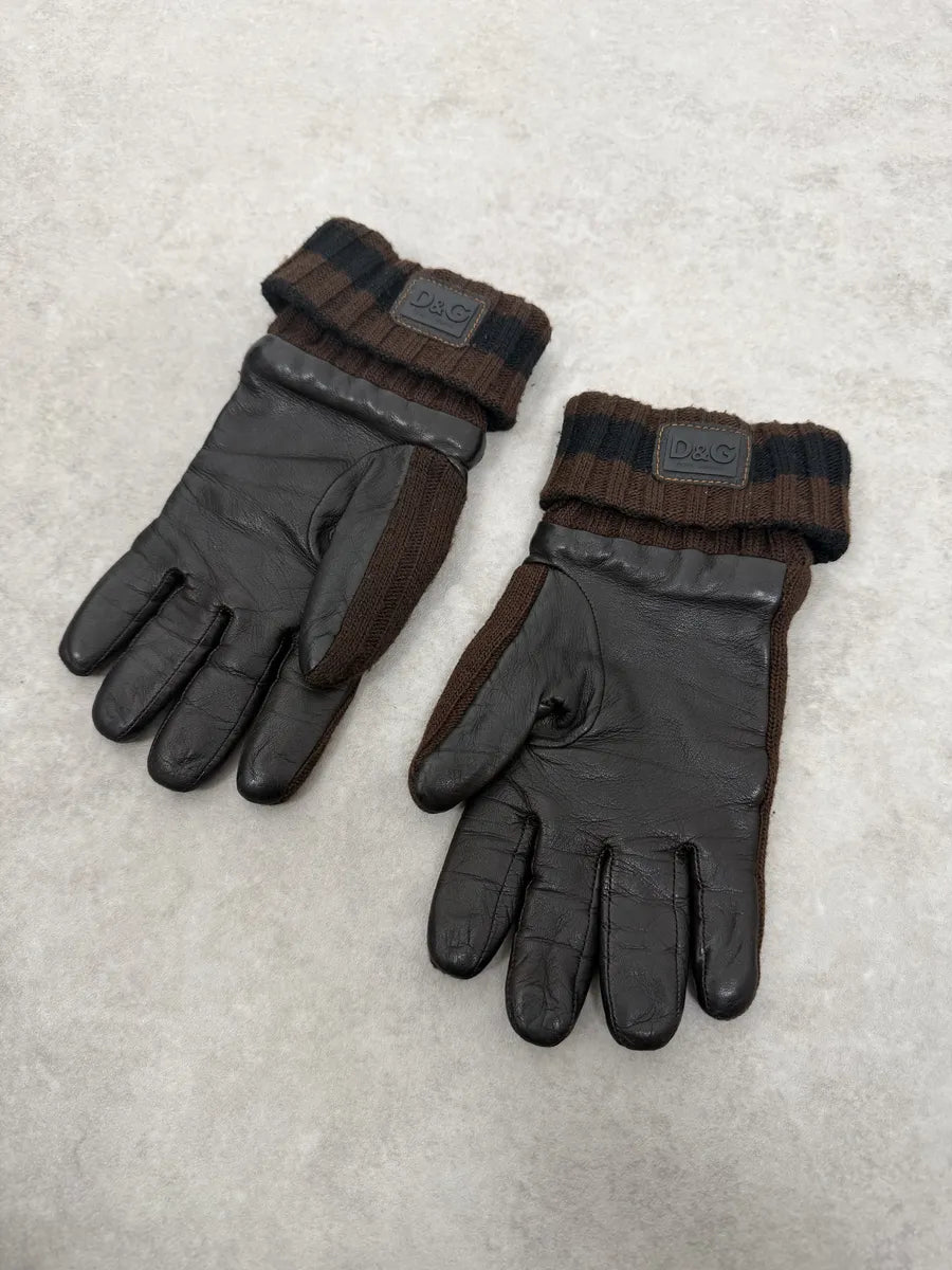 2000s Dolce & Gabbana Brown Wool & Black Leather Gloves tbHVYCl 5