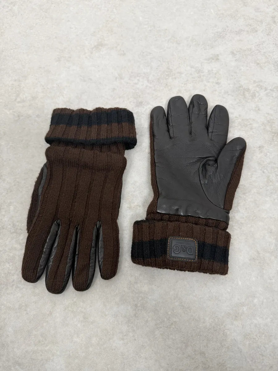2000s Dolce & Gabbana Brown Wool & Black Leather Gloves tbHVYCl 6