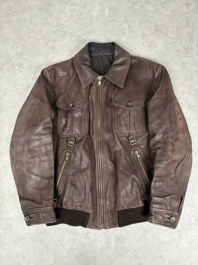 2000s Dolce & Gabbana Buffalo Brown Aviator Leather Jacket ryCEAvx 0