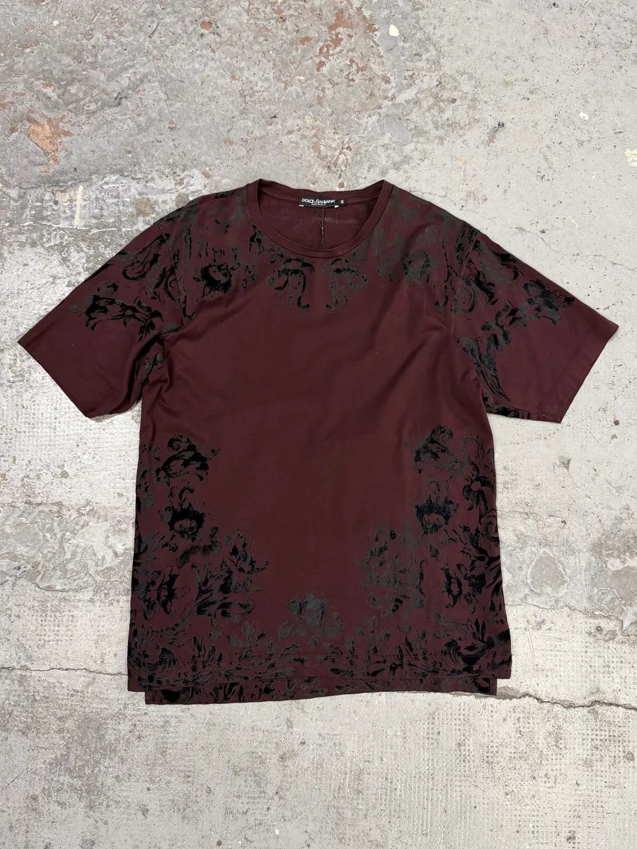 2000s Dolce & Gabbana Burgundy Velvet Ornament T-Shirt zGnUiDs 1