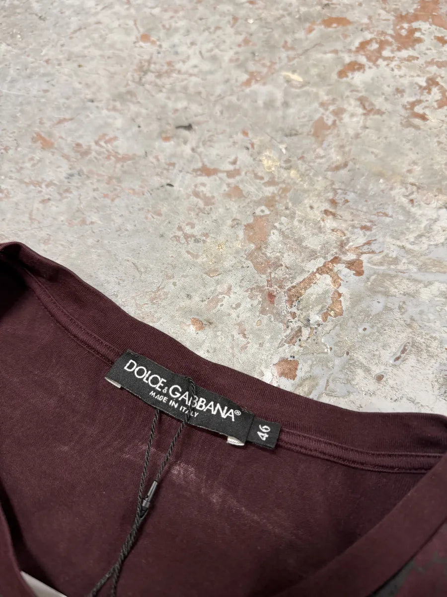 2000s Dolce & Gabbana Burgundy Velvet Ornament T-Shirt zGnUiDs 6