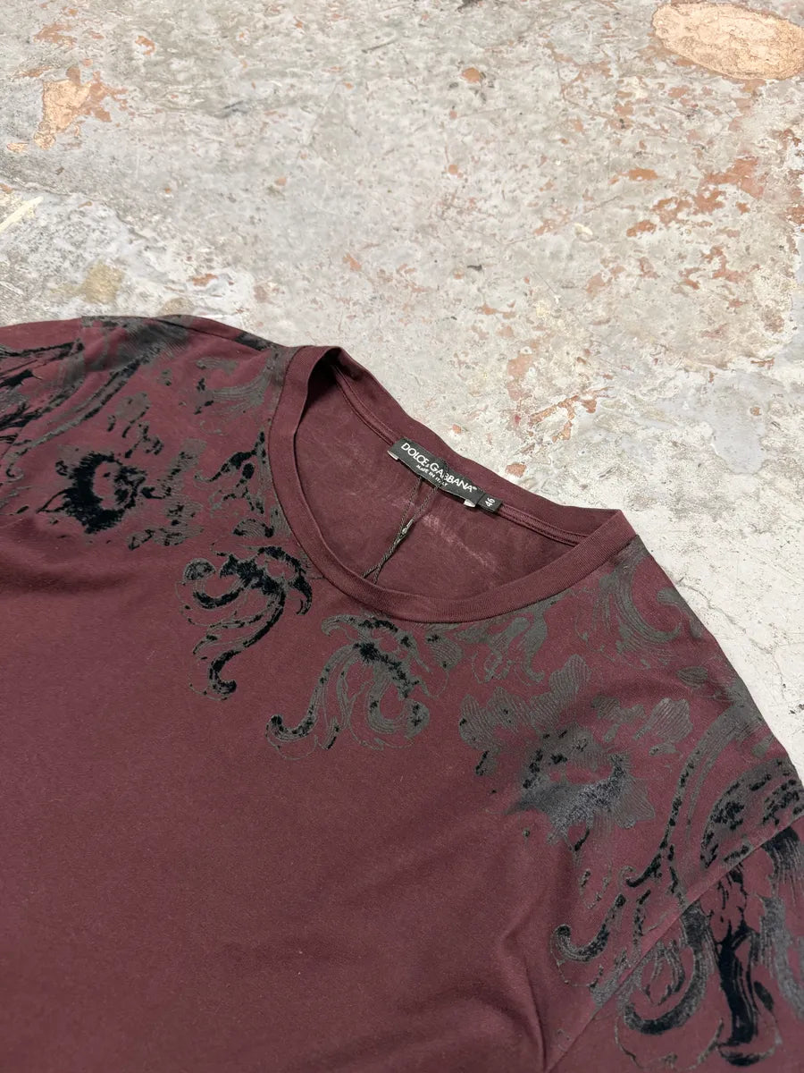2000s Dolce & Gabbana Burgundy Velvet Ornament T-Shirt zGnUiDs 7