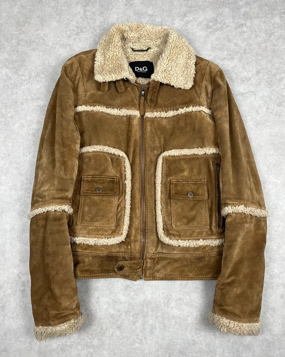 2000s Dolce & Gabbana Camel Beige Aviator Shearling Leather Jacket VAJPHeW 0