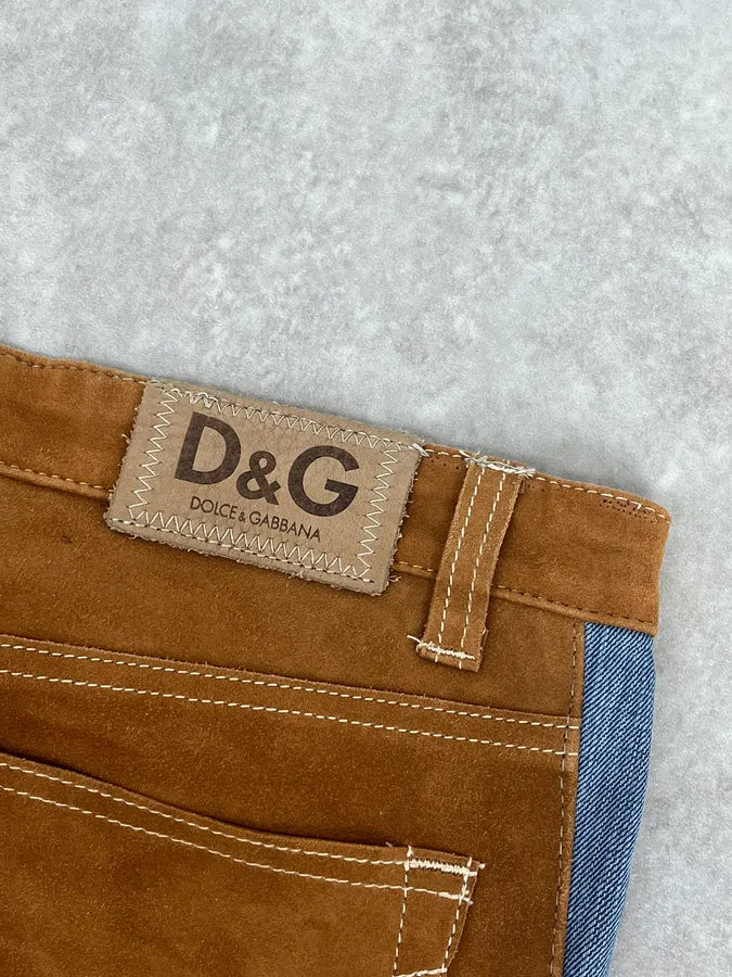 2000s Dolce & Gabbana Camel Blue Hybrid Leather Denim Jeans OXBVObD 10