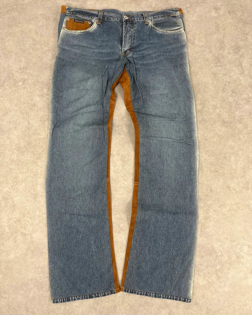 2000s Dolce & Gabbana Camel Blue Hybrid Leather Denim Jeans OXBVObD 0