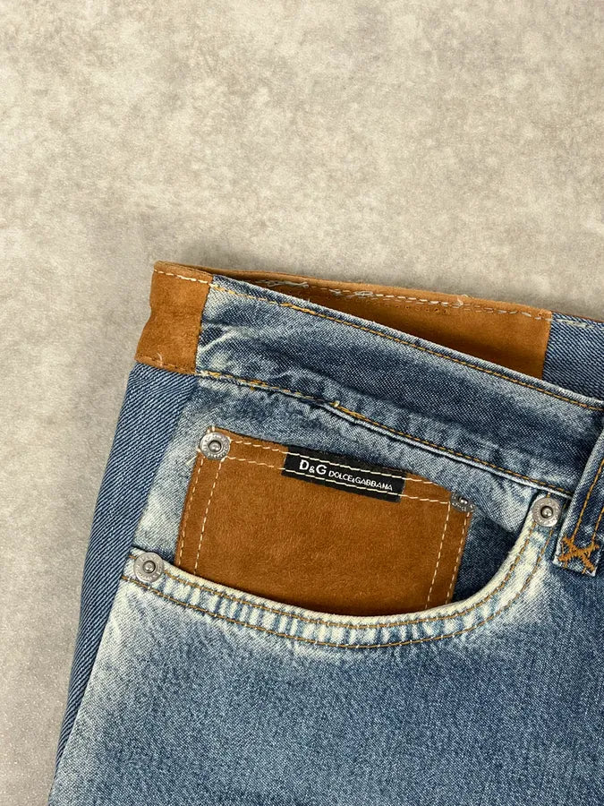 2000s Dolce & Gabbana Camel Blue Hybrid Leather Denim Jeans OXBVObD 8