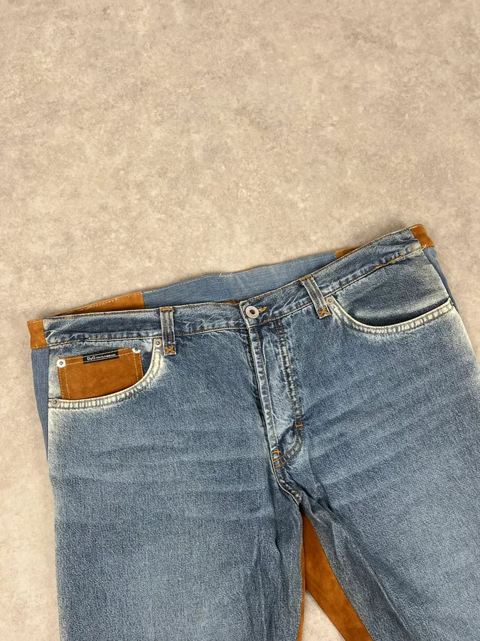2000s Dolce & Gabbana Camel Blue Hybrid Leather Denim Jeans OXBVObD 4