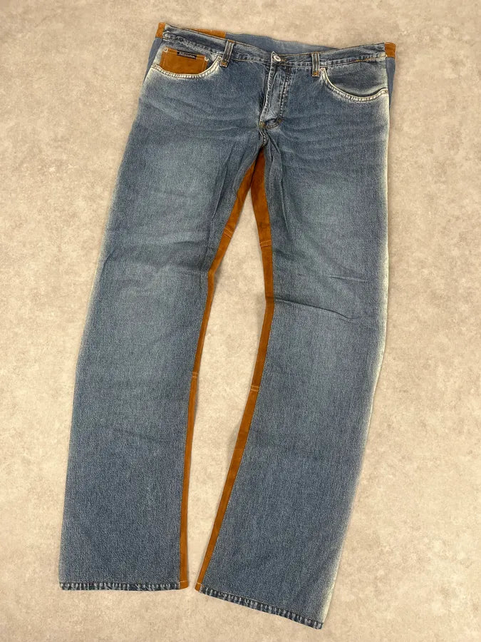 2000s Dolce & Gabbana Camel Blue Hybrid Leather Denim Jeans OXBVObD 5