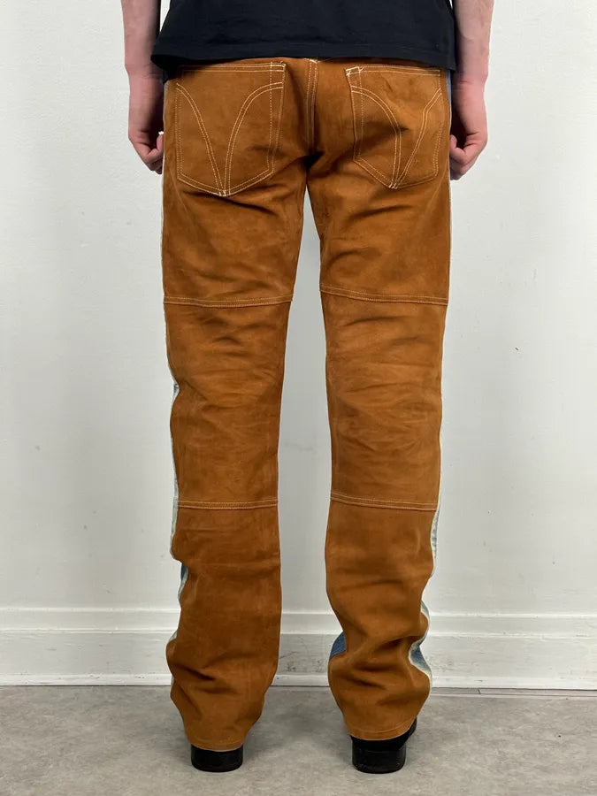 2000s Dolce & Gabbana Camel Blue Hybrid Leather Denim Jeans OXBVObD 3