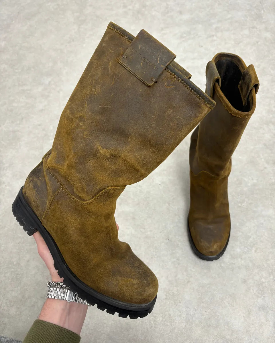 2000s Dolce & Gabbana Camel Eroded Leather Boots vwVdtDe 0