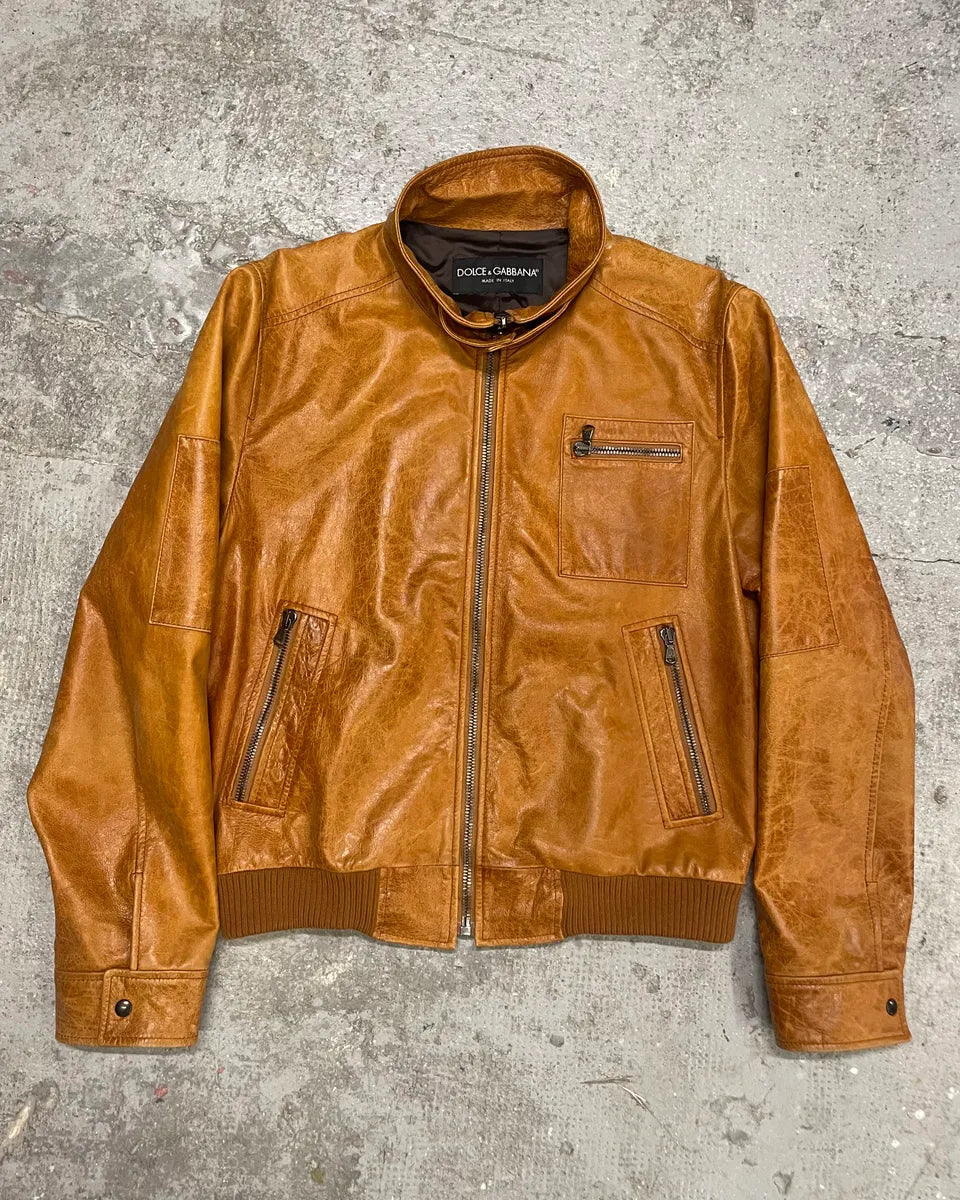 2000s Dolce & Gabbana Camel Multi Zips Biker Leather Jacket (L) 0