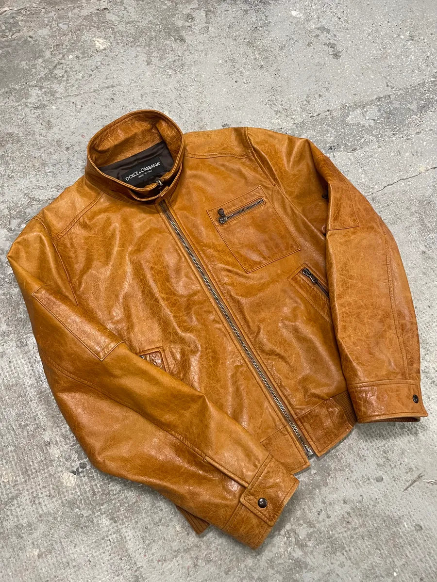 2000s Dolce & Gabbana Camel Multi Zips Biker Leather Jacket (L) 1