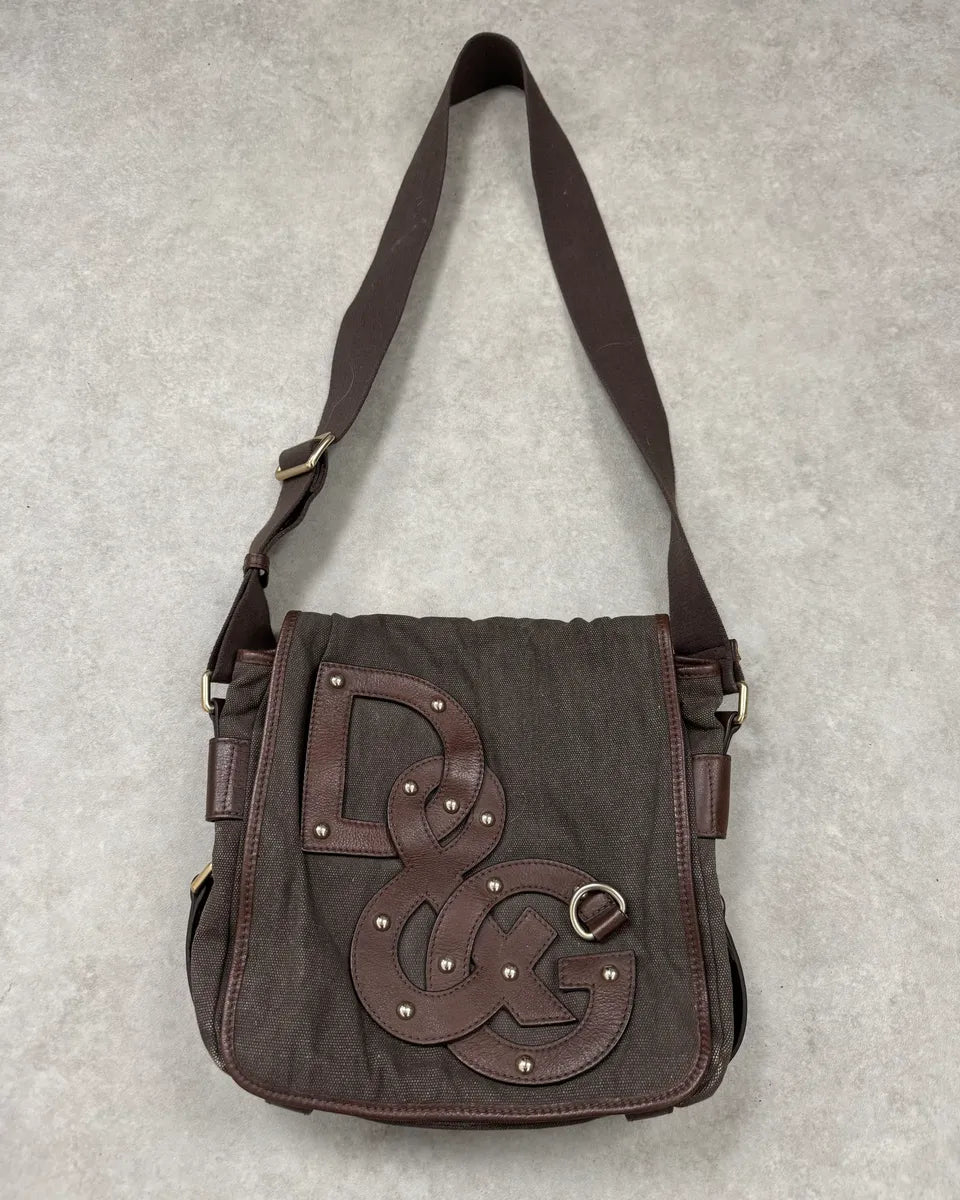2000s Dolce & Gabbana Canvas Leather Studded Shoulder Bag qDtqKJh 0