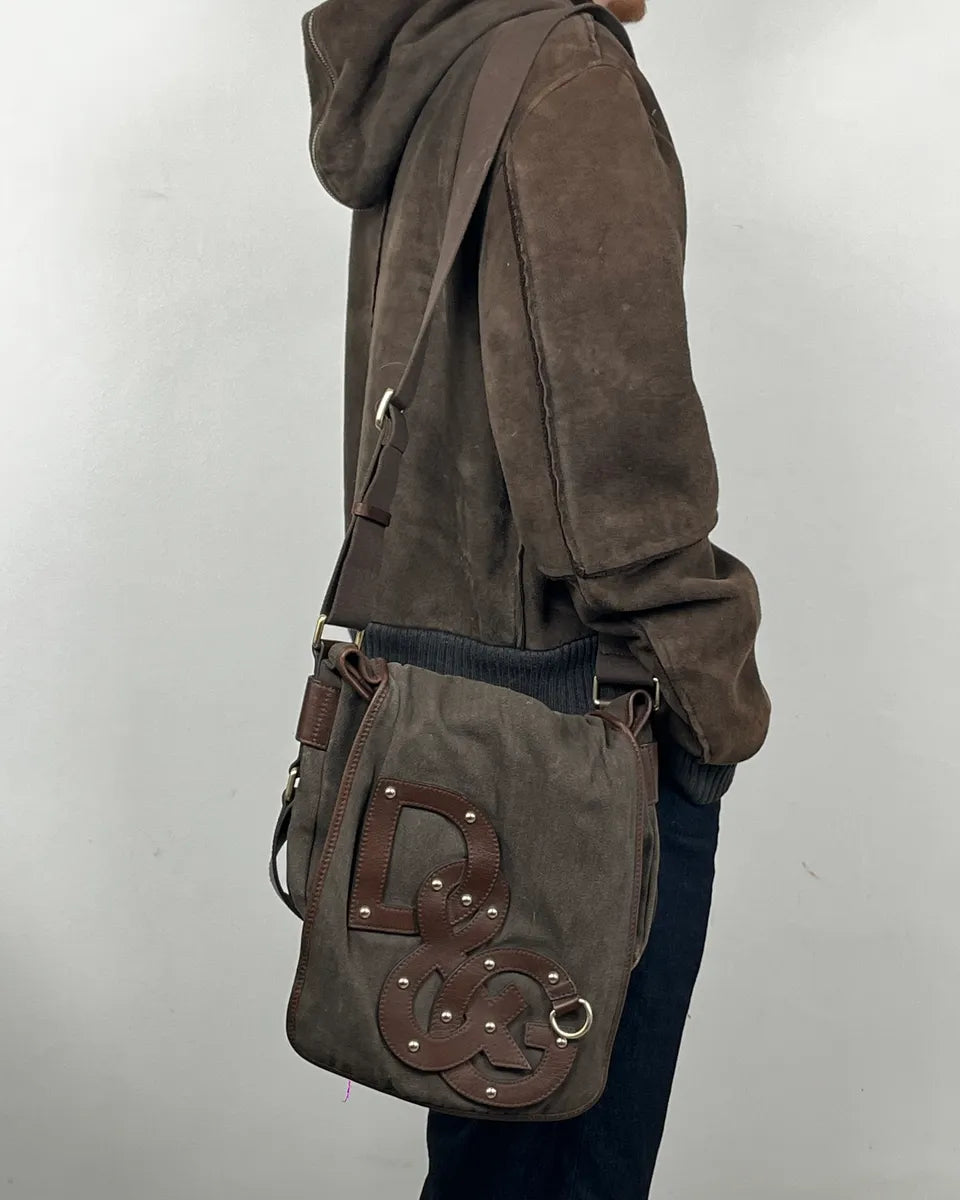 2000s Dolce & Gabbana Canvas Leather Studded Shoulder Bag qDtqKJh 1