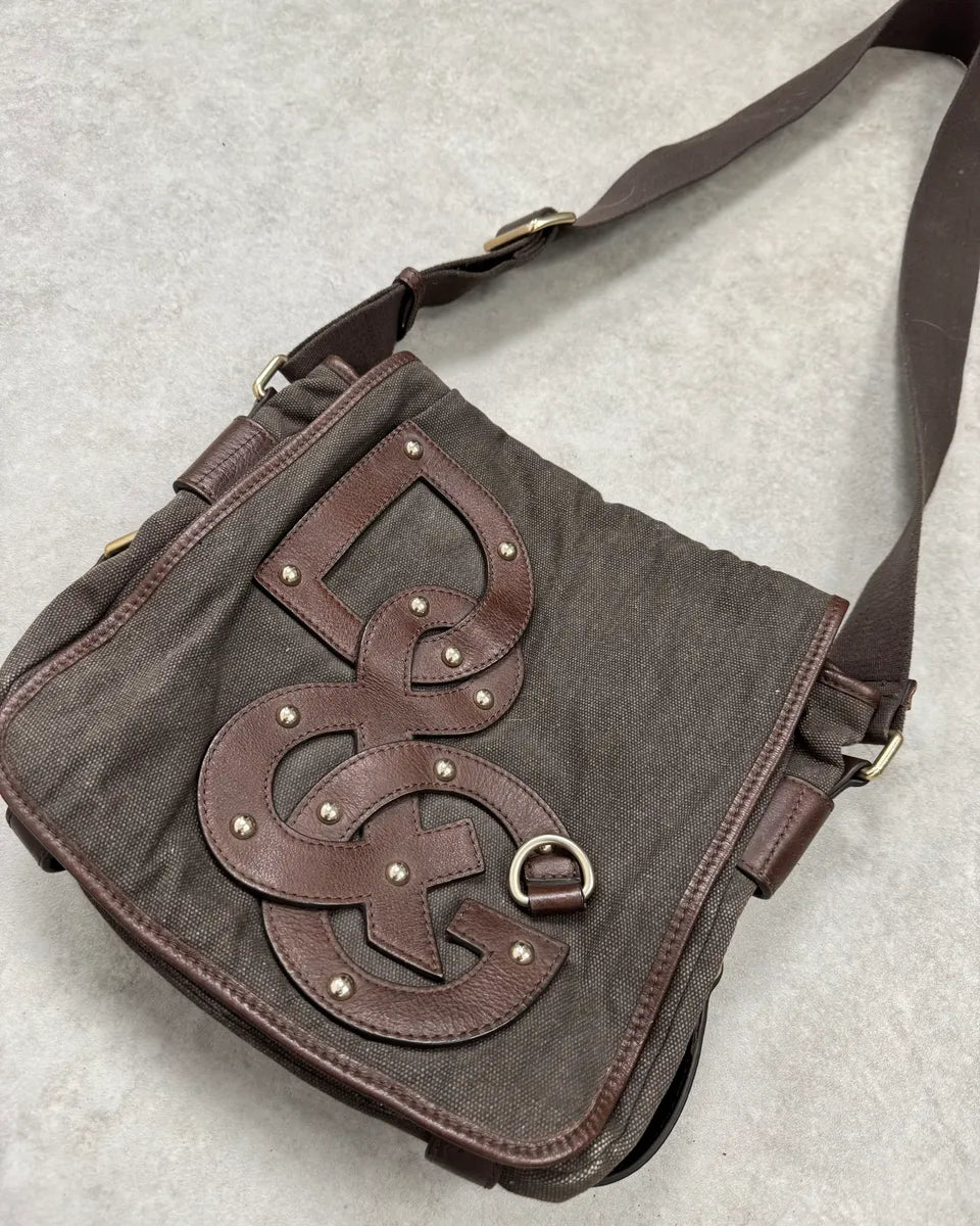 2000s Dolce & Gabbana Canvas Leather Studded Shoulder Bag qDtqKJh 3