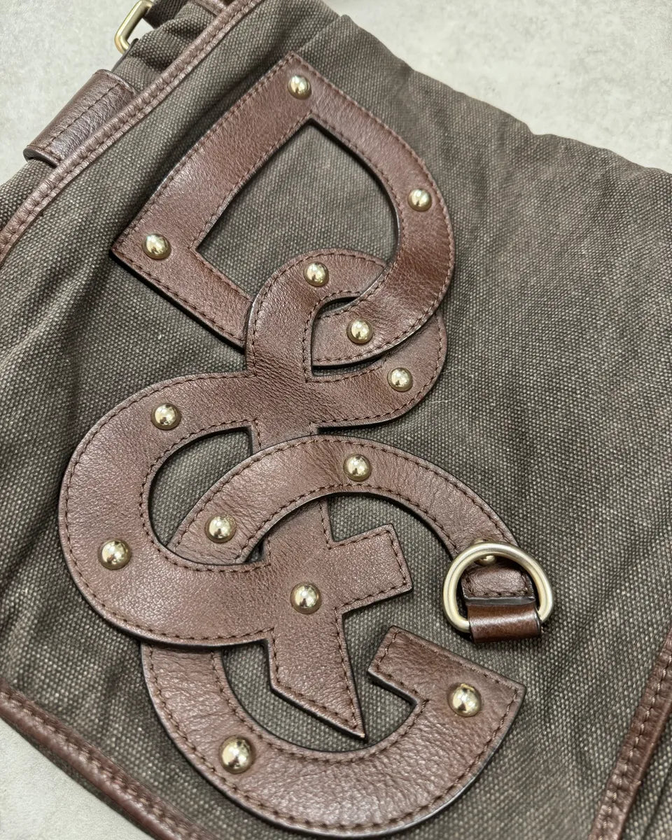 2000s Dolce & Gabbana Canvas Leather Studded Shoulder Bag qDtqKJh 4