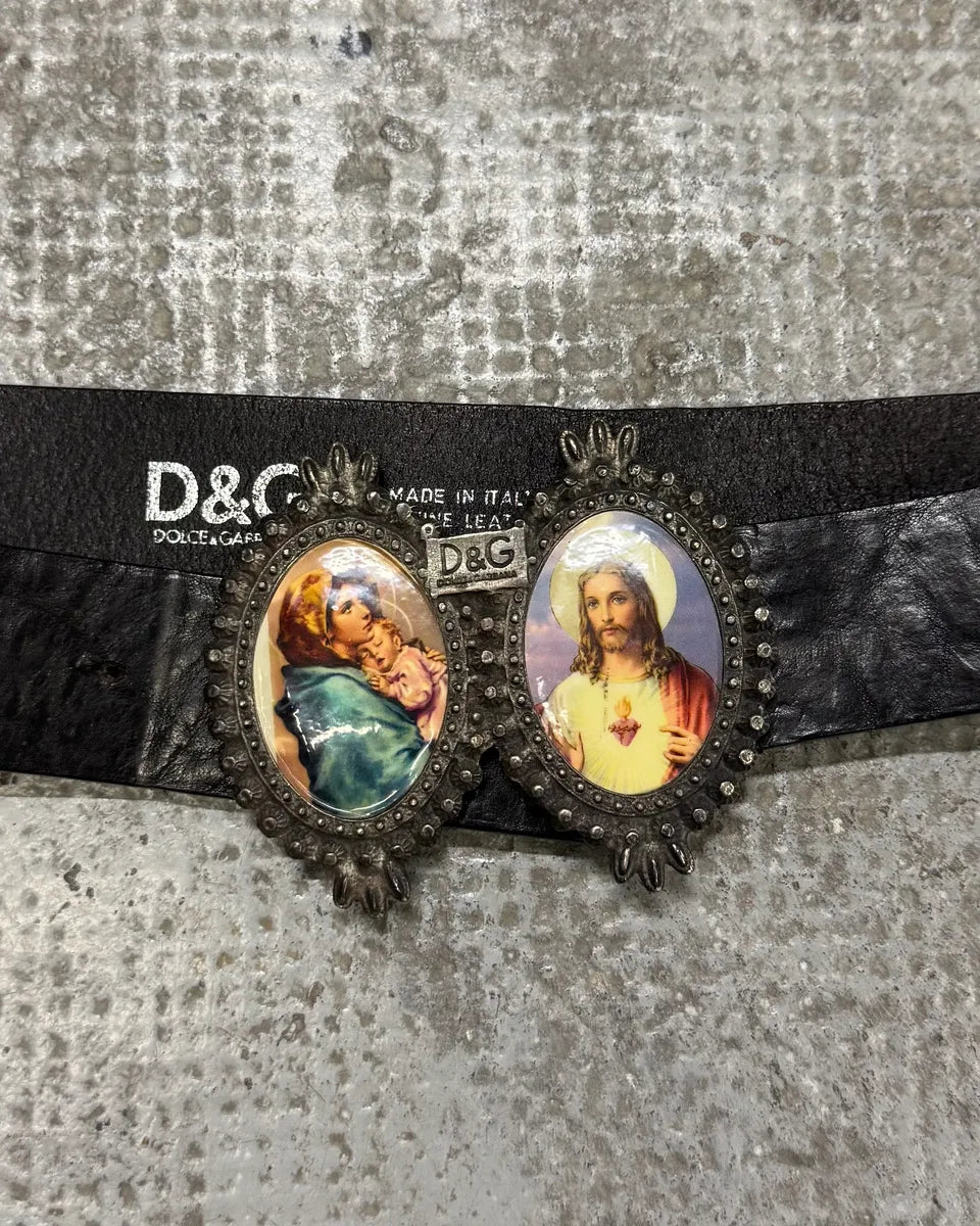 2000s Dolce & Gabbana Catholic Embellished Buckle Black Leather Belt (OS) uYIpWvO 0