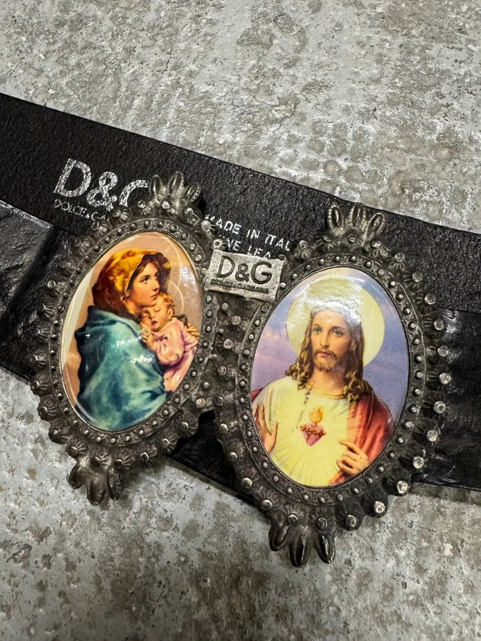 2000s Dolce & Gabbana Catholic Embellished Buckle Black Leather Belt (OS) uYIpWvO 2