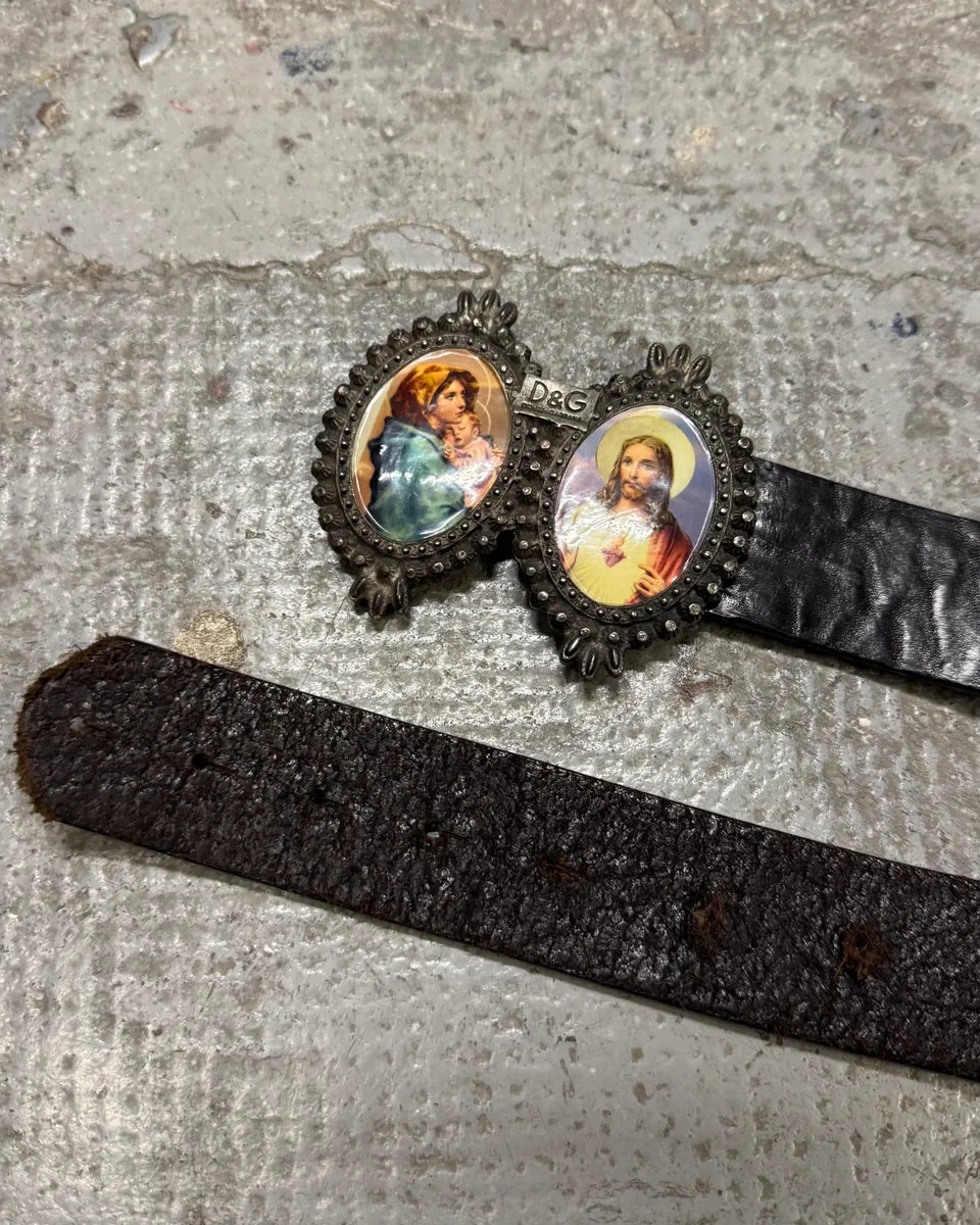 2000s Dolce & Gabbana Catholic Embellished Buckle Black Leather Belt (OS) uYIpWvO 3