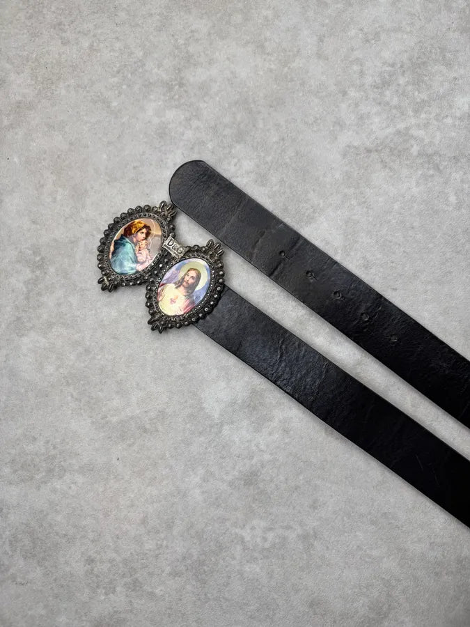 2000s Dolce & Gabbana Catholic Mary & Jesus Buckle Black Leather Belt VthVEVP 3