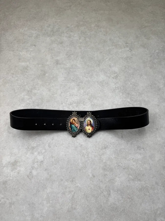 2000s Dolce & Gabbana Catholic Mary & Jesus Buckle Black Leather Belt VthVEVP 2