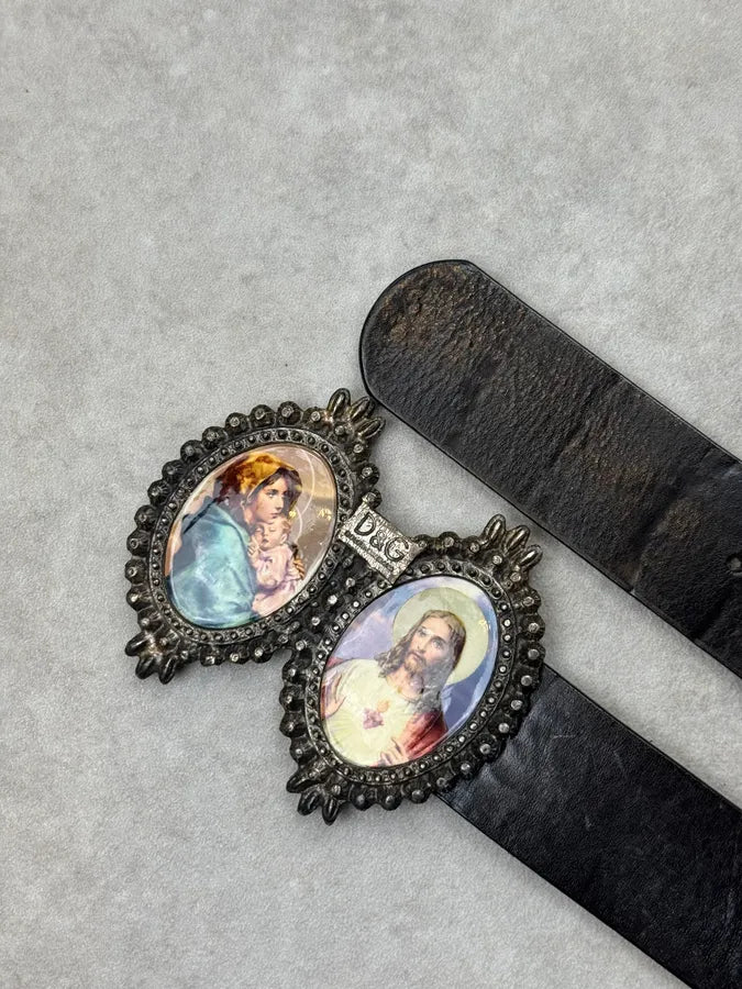 2000s Dolce & Gabbana Catholic Mary & Jesus Buckle Black Leather Belt VthVEVP 5
