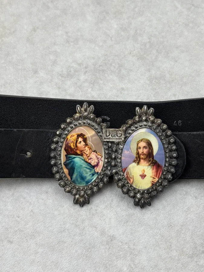 2000s Dolce & Gabbana Catholic Mary & Jesus Buckle Black Leather Belt VthVEVP 4