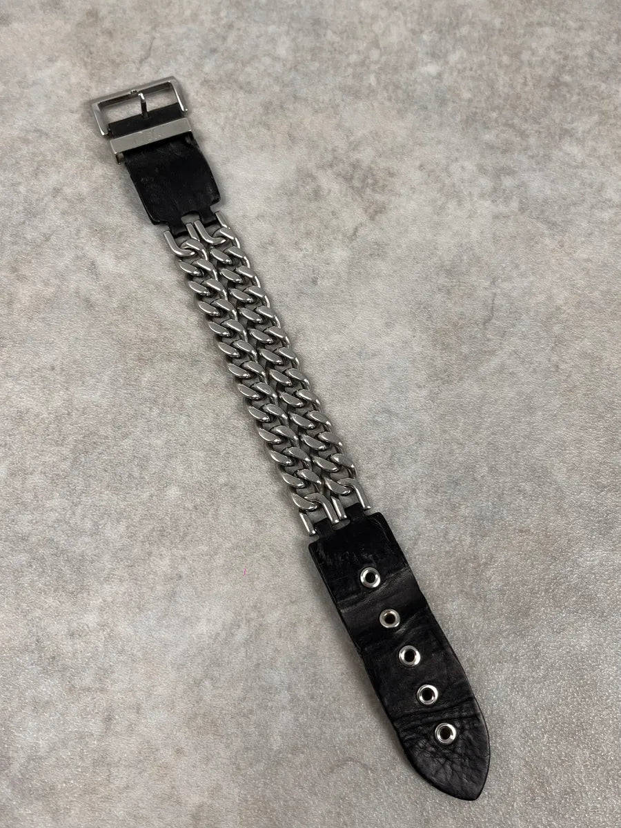 2000s Dolce & Gabbana Chain Black Leather Bracelet lfjrcgH 0