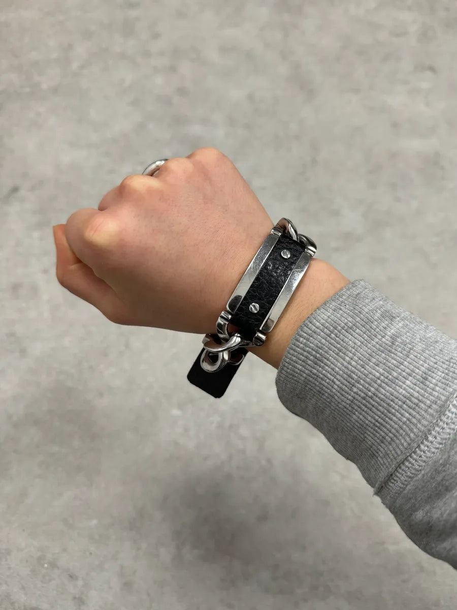 2000s Dolce & Gabbana Chain Black Leather Bracelet OAxwCId 0