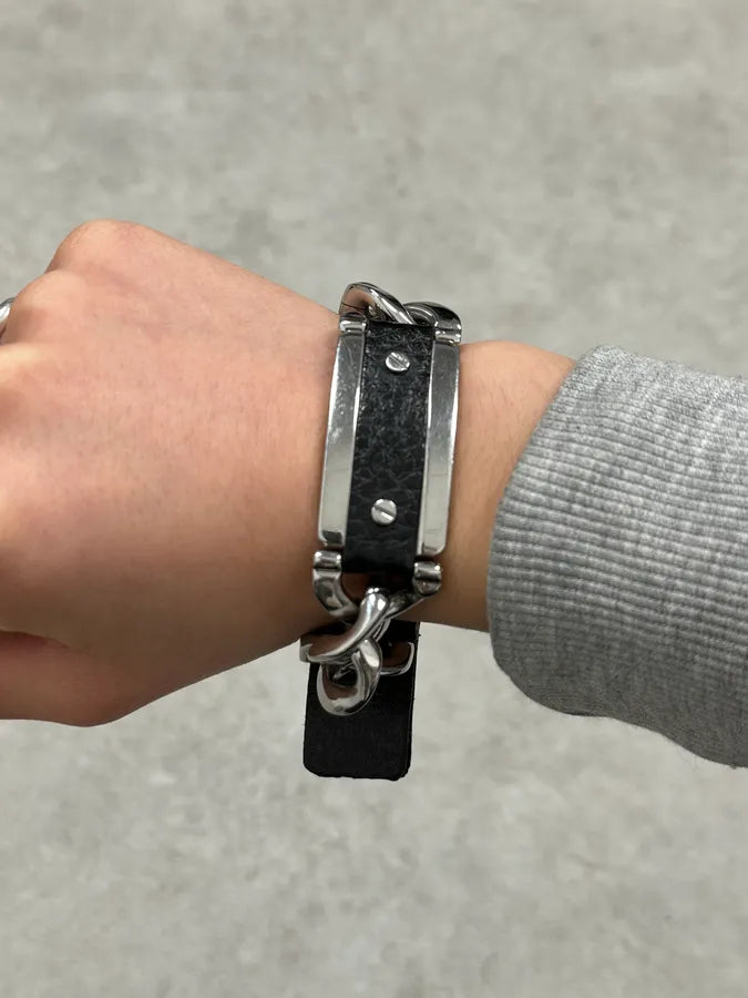 2000s Dolce & Gabbana Chain Black Leather Bracelet OAxwCId 2