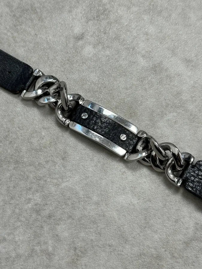 2000s Dolce & Gabbana Chain Black Leather Bracelet OAxwCId 4