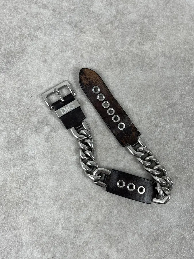 2000s Dolce & Gabbana Chain Brown Leather Belted Bracelet QkpYnnS 5