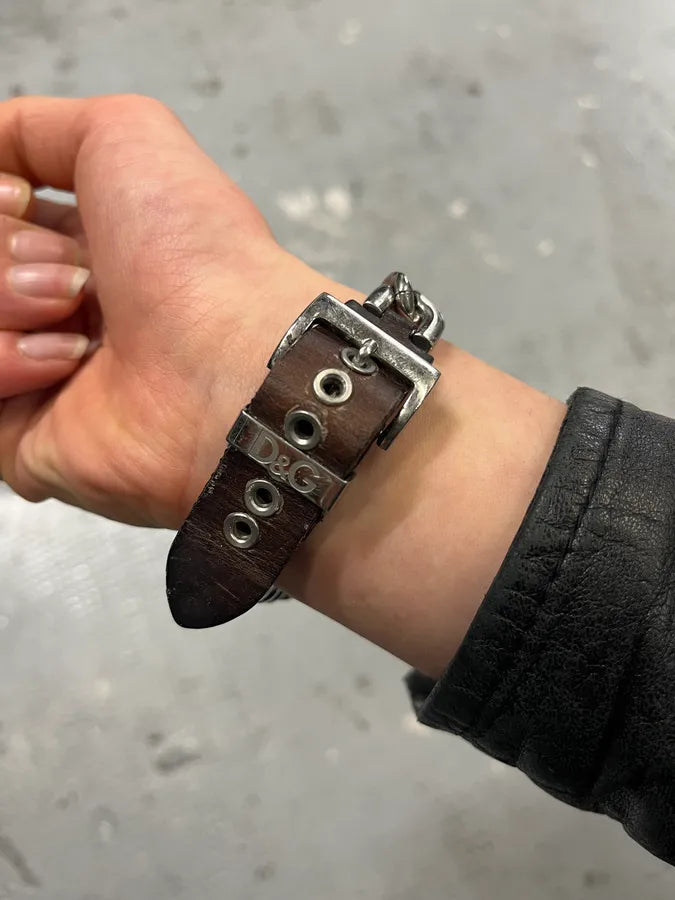 2000s Dolce & Gabbana Chain Brown Leather Bracelet gXCQPTX 3