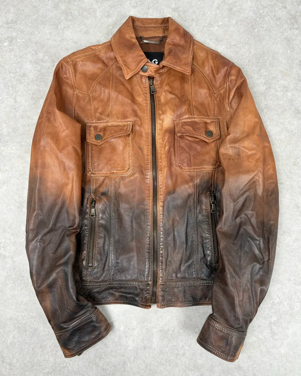 SS2010 Dolce & Gabbana Cognac Leather Gradient Moto Jacket CPNkIYU 0