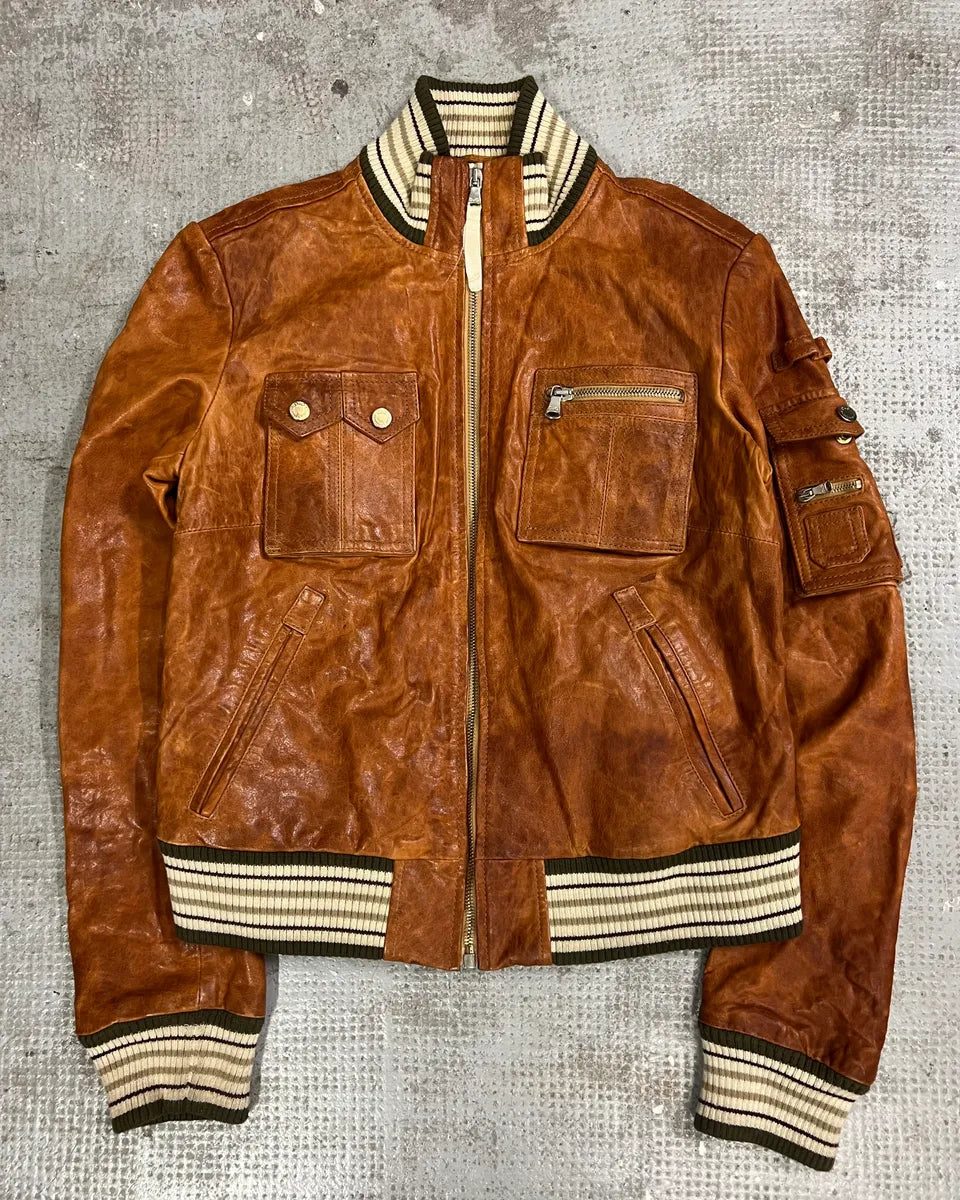 2000s Dolce & Gabbana Copper Brown Utility Cargo Leather Jacket (XS) 0