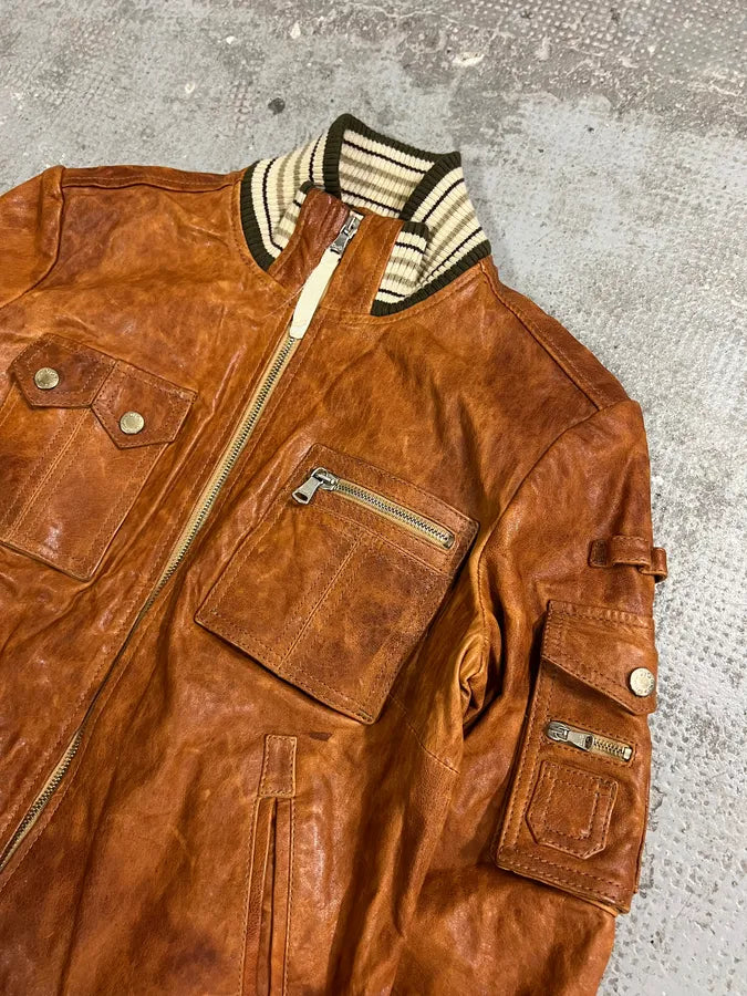 2000s Dolce & Gabbana Copper Brown Utility Cargo Leather Jacket (XS) 1