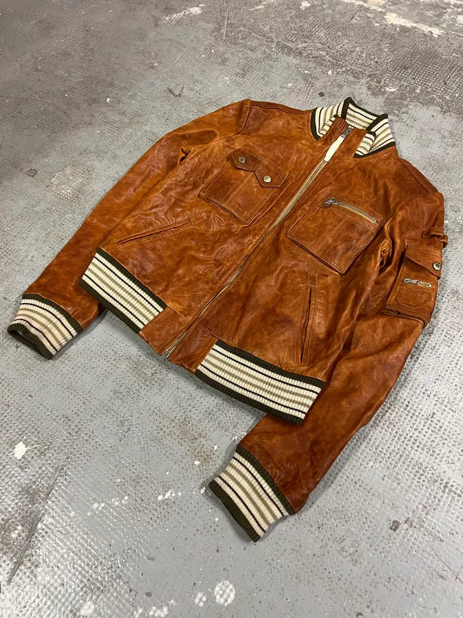 2000s Dolce & Gabbana Copper Brown Utility Cargo Leather Jacket (XS) 2