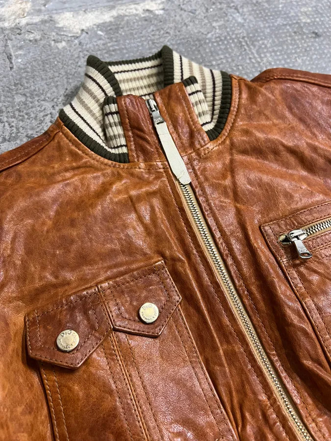2000s Dolce & Gabbana Copper Brown Utility Cargo Leather Jacket (XS) 4