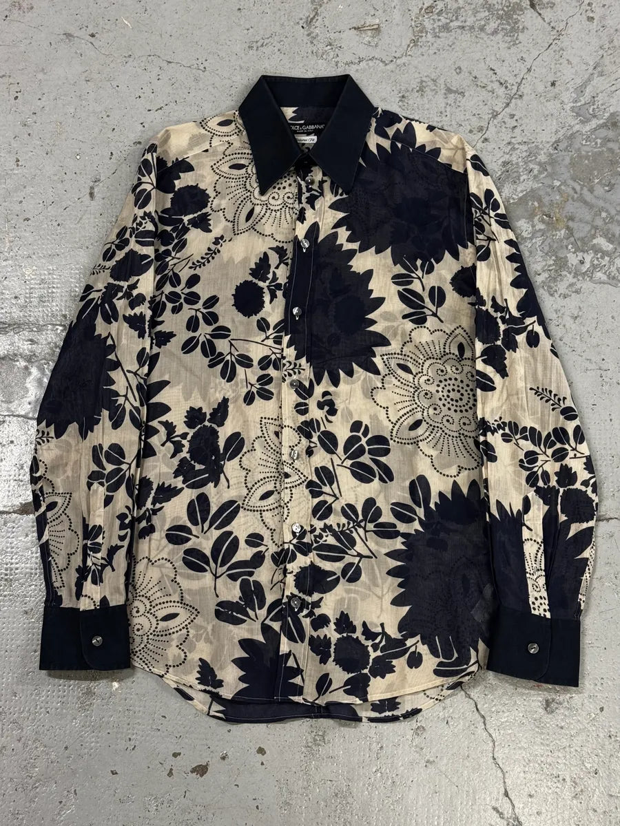 2000s Dolce & Gabbana Cream Navy Cotton Floral Shirt IYmtvOh 0