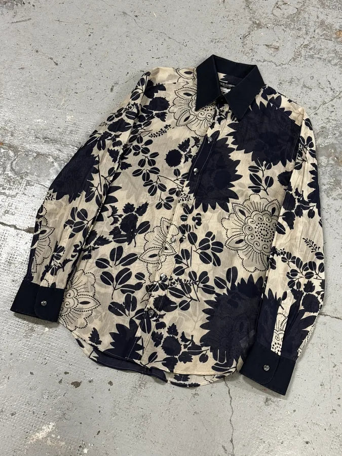 2000s Dolce & Gabbana Cream Navy Cotton Floral Shirt IYmtvOh 4