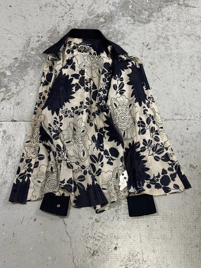 2000s Dolce & Gabbana Cream Navy Cotton Floral Shirt IYmtvOh 8