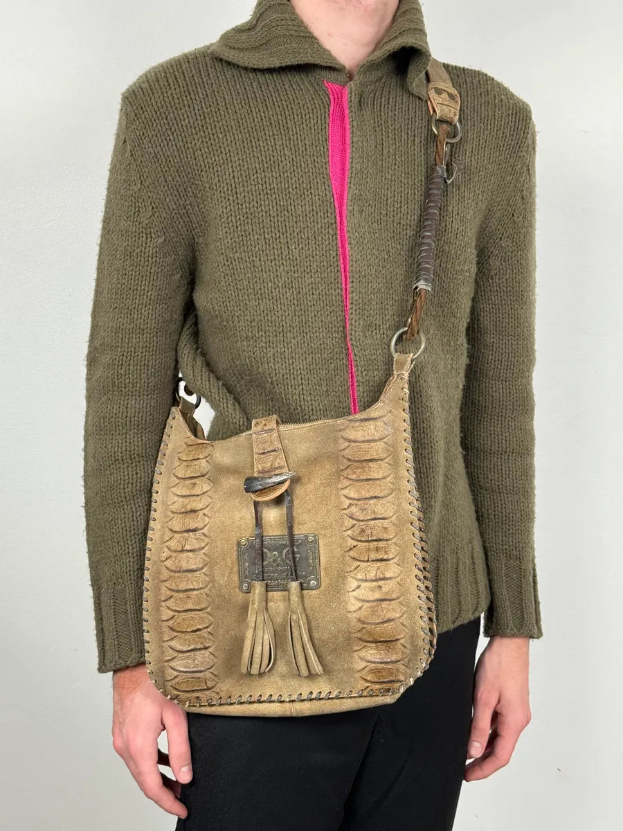 2000s Dolce & Gabbana Crocodile Effect Suede Leather Handle Bag IoywTxG 1