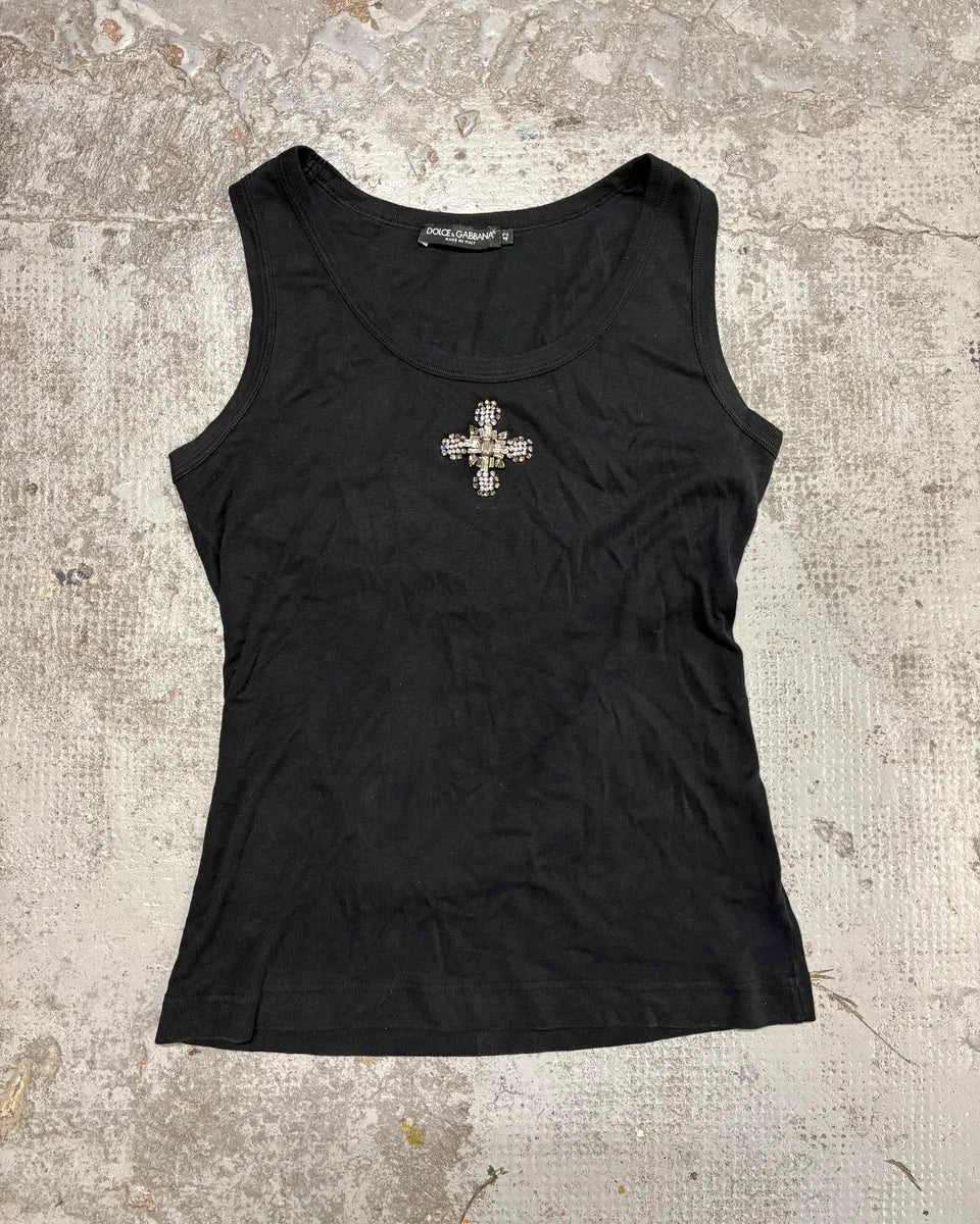 2000s Dolce & Gabbana Cross Ornament Black Tank Top gzMnpna 0