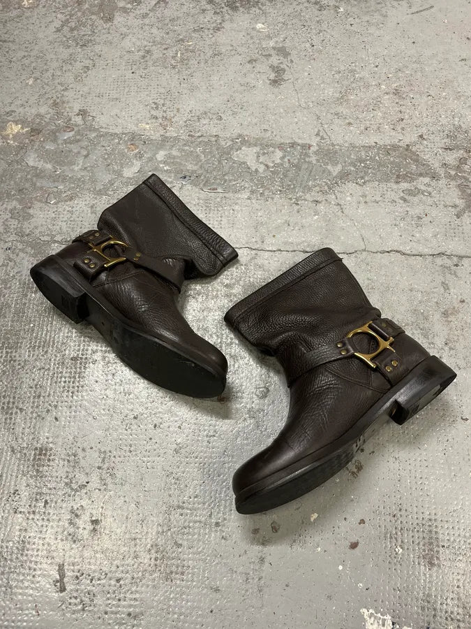 2000s Dolce & Gabbana Dark Brown Gold Buckle Ankle Leather Boots scJsUse 1