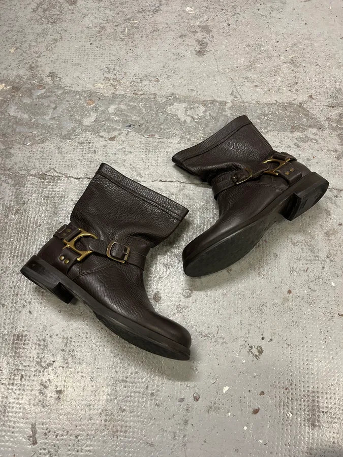 2000s Dolce & Gabbana Dark Brown Gold Buckle Ankle Leather Boots scJsUse 2
