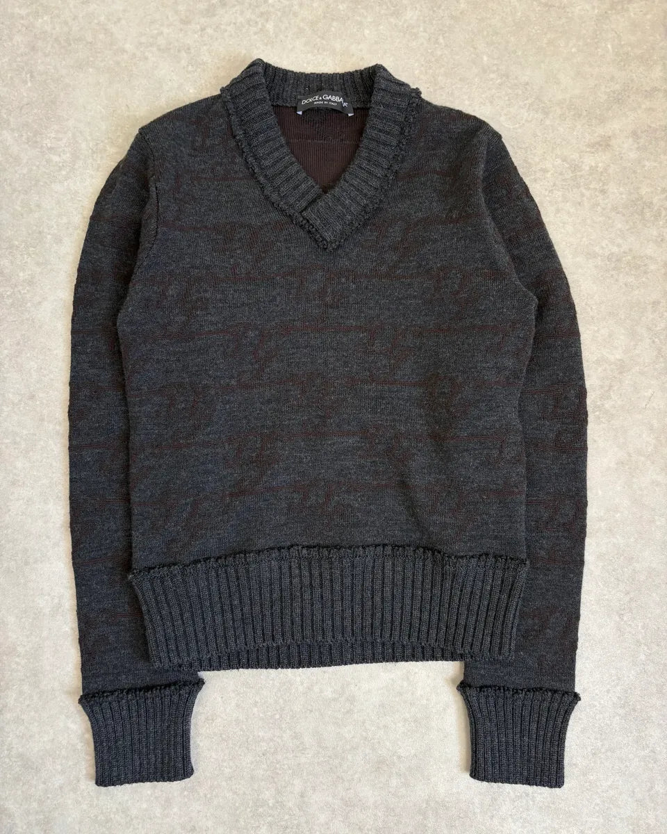 2000s Dolce & Gabbana Dark Grey Signature V-Neck Wool Sweater BwMQYbO 0